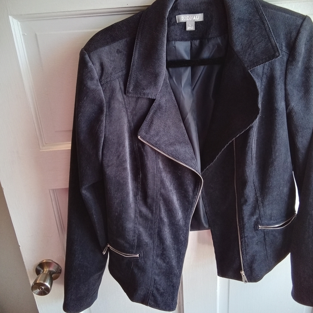 Roz & Ali Women's Navy Blue Corduroy Moto Cut Jacket size L